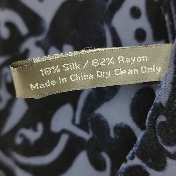 ZazouLuxe Silk Blend Navy Blue Sheer Velvet Flocked Music Inspired Fringed Scarf - Picture 5 of 8